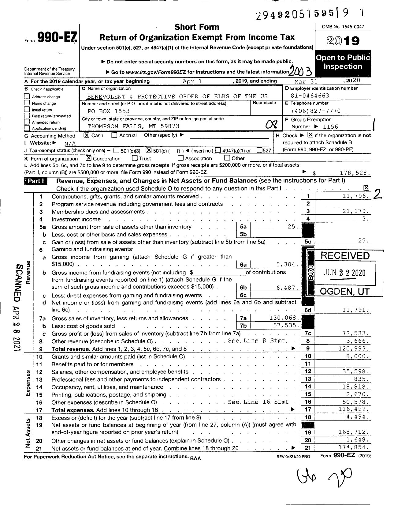 Image of first page of 2019 Form 990EO for Benevolent and Protective Order of Elks - 2757 Clark Fork Valley Elks Lodge