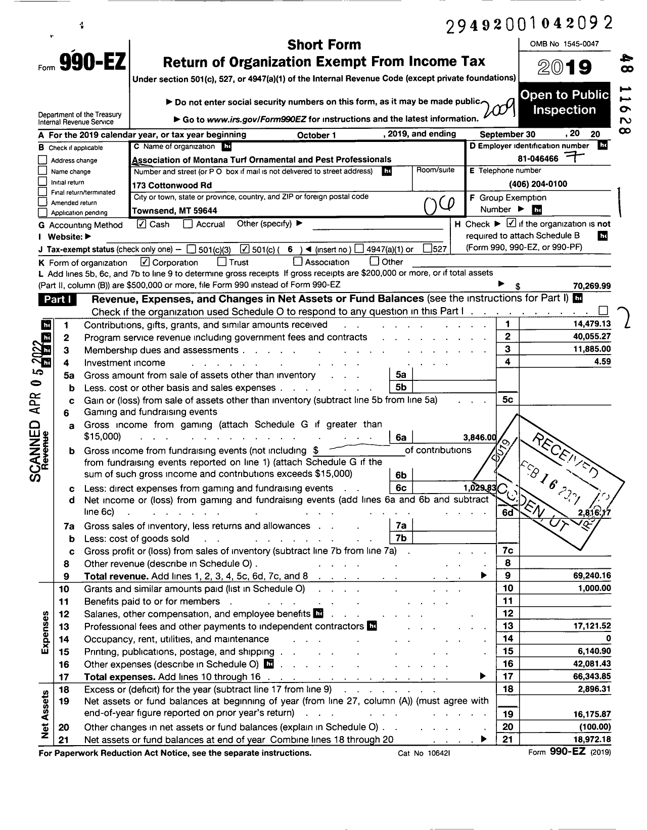 Image of first page of 2019 Form 990EO for Association of Montana Turf Ornamental and Pest Professionals