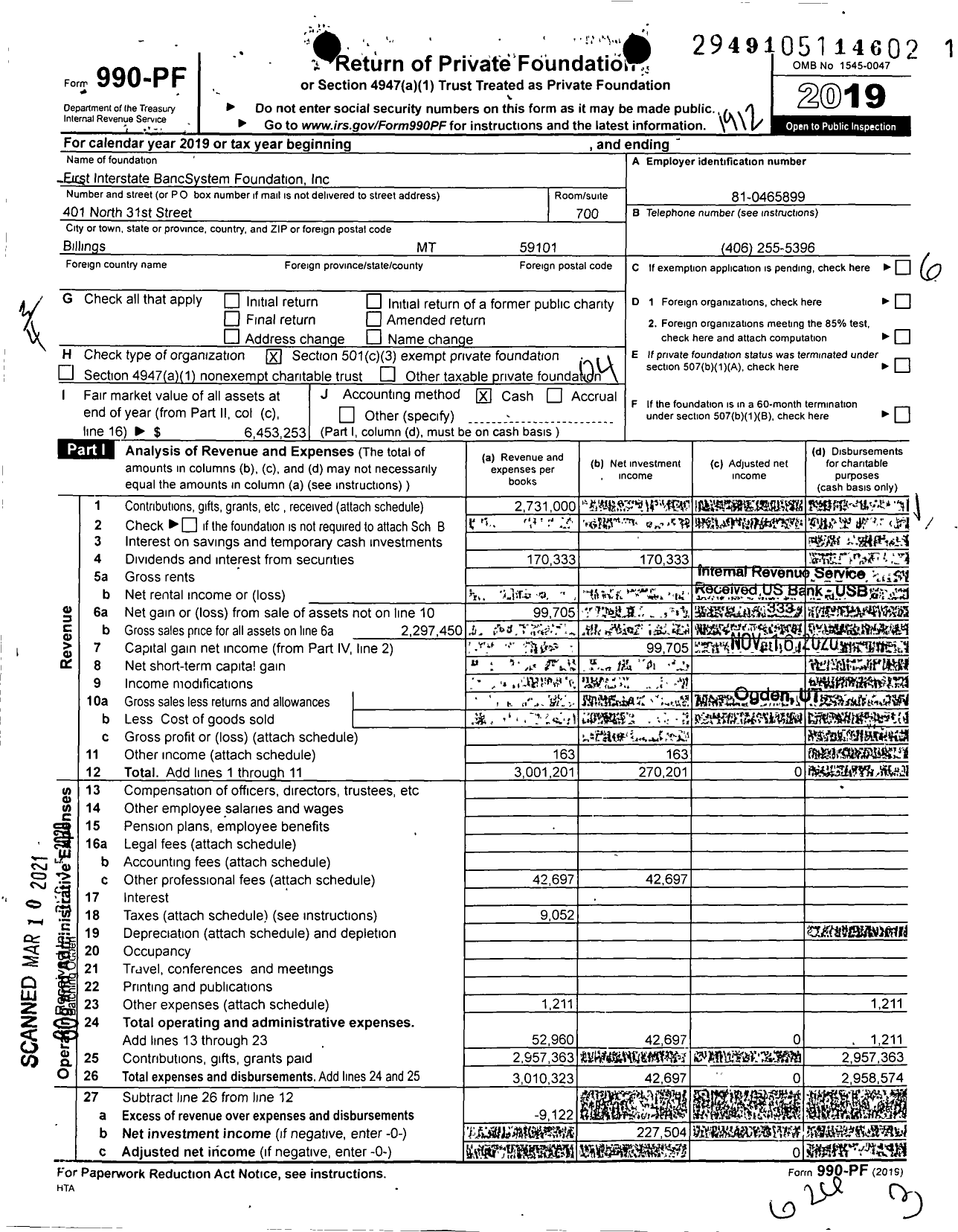 Image of first page of 2019 Form 990PF for First Interstate BancSystem Foundation