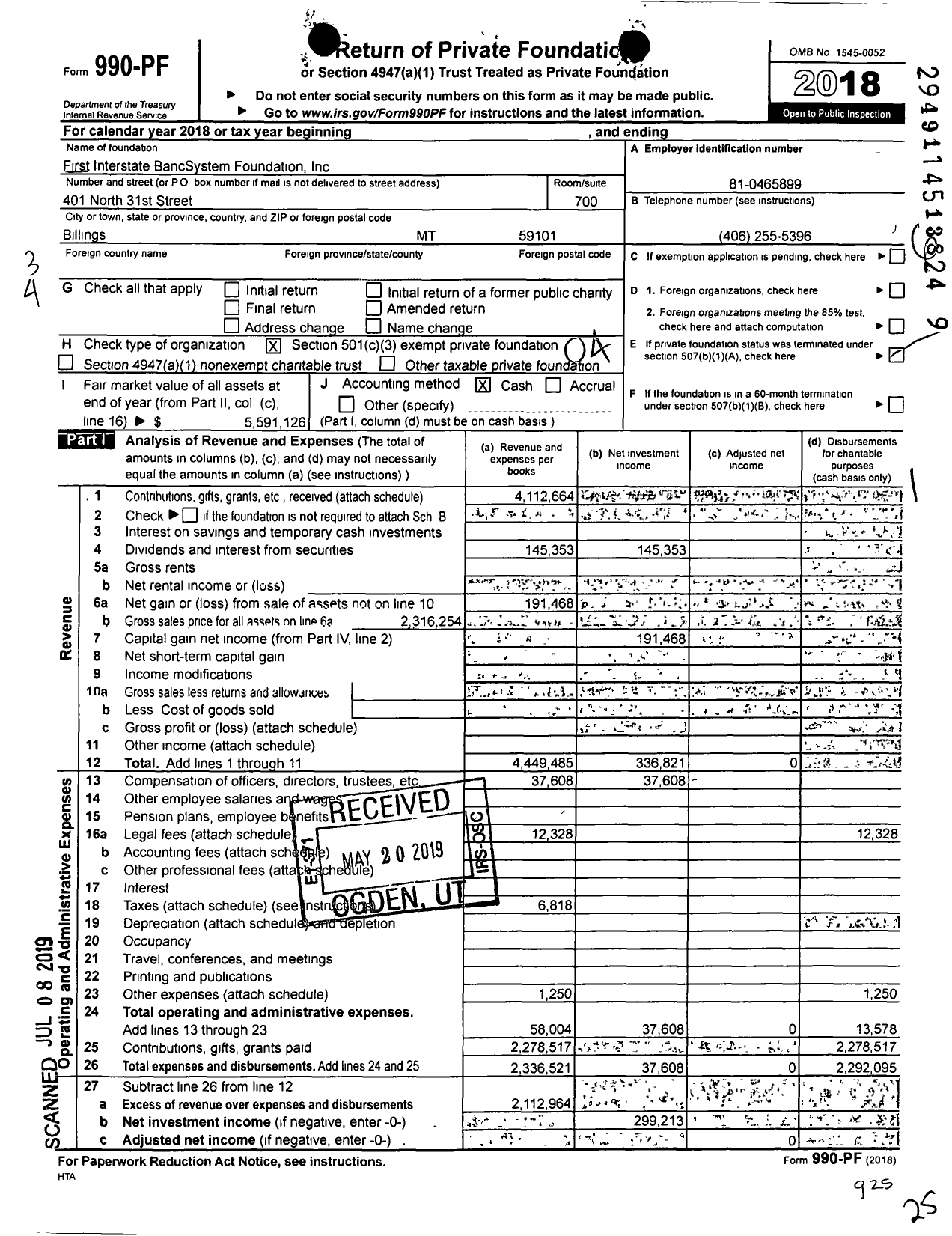 Image of first page of 2018 Form 990PF for First Interstate BancSystem Foundation