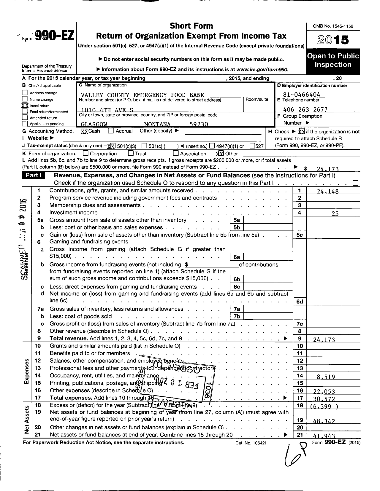 Image of first page of 2015 Form 990EZ for Valley Community Emergency Food Bank