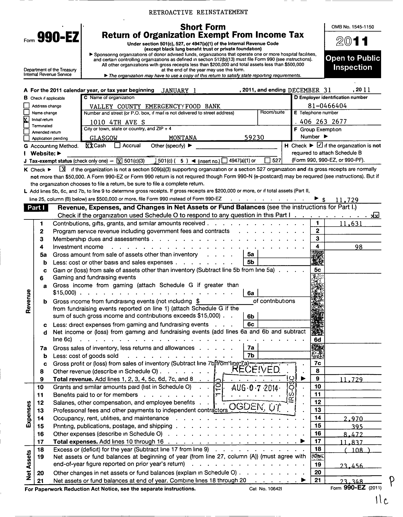 Image of first page of 2011 Form 990EZ for Valley Community Emergency Food Bank