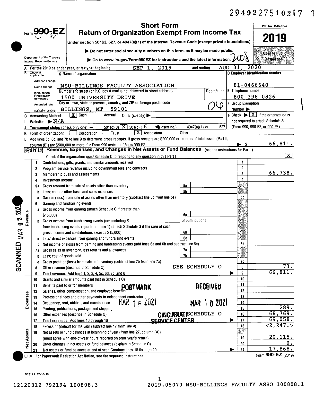 Image of first page of 2019 Form 990EO for Montana Federation of Public Employees / Msu-Billings Faculty Association