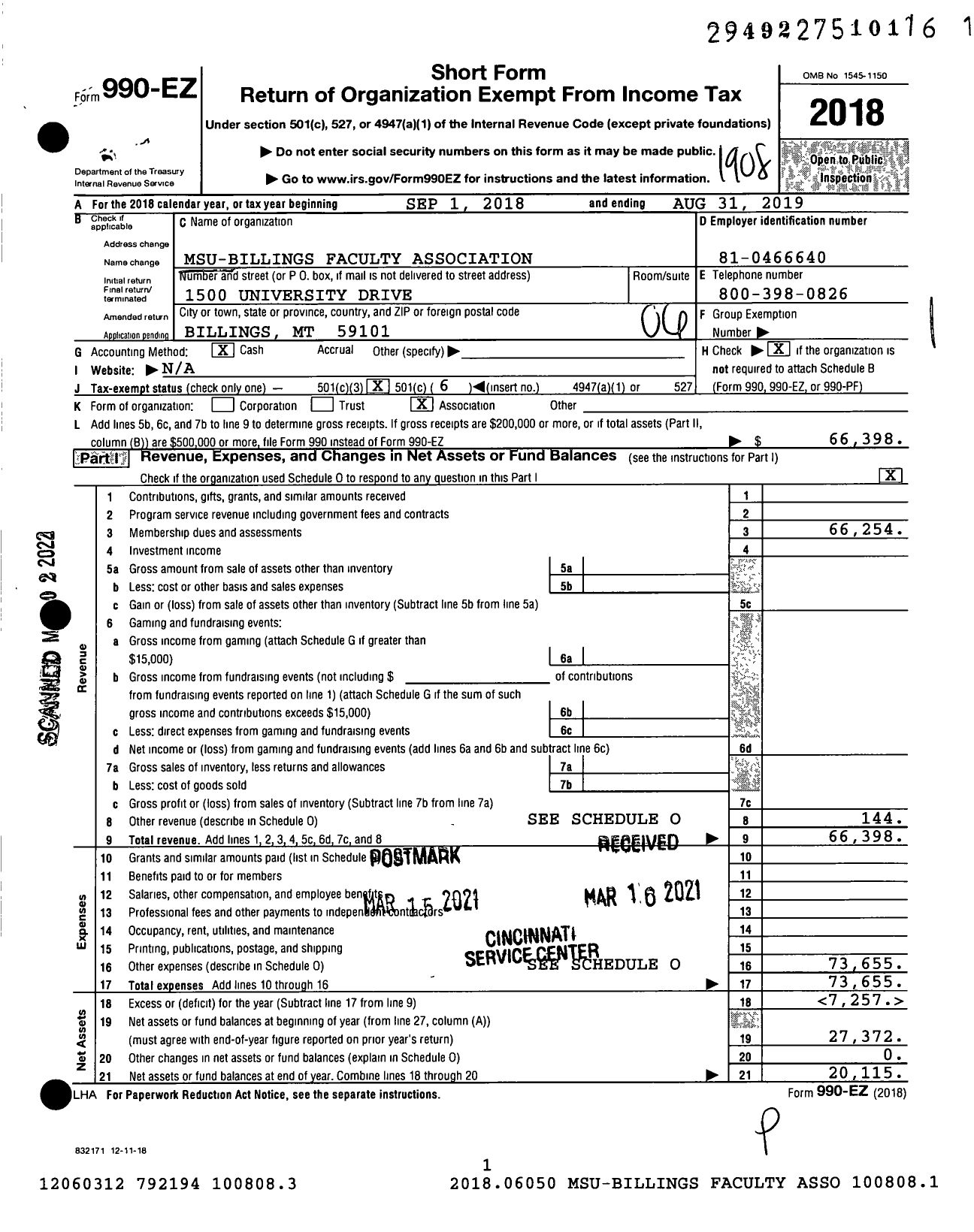 Image of first page of 2018 Form 990EO for Montana Federation of Public Employees / Msu-Billings Faculty Association