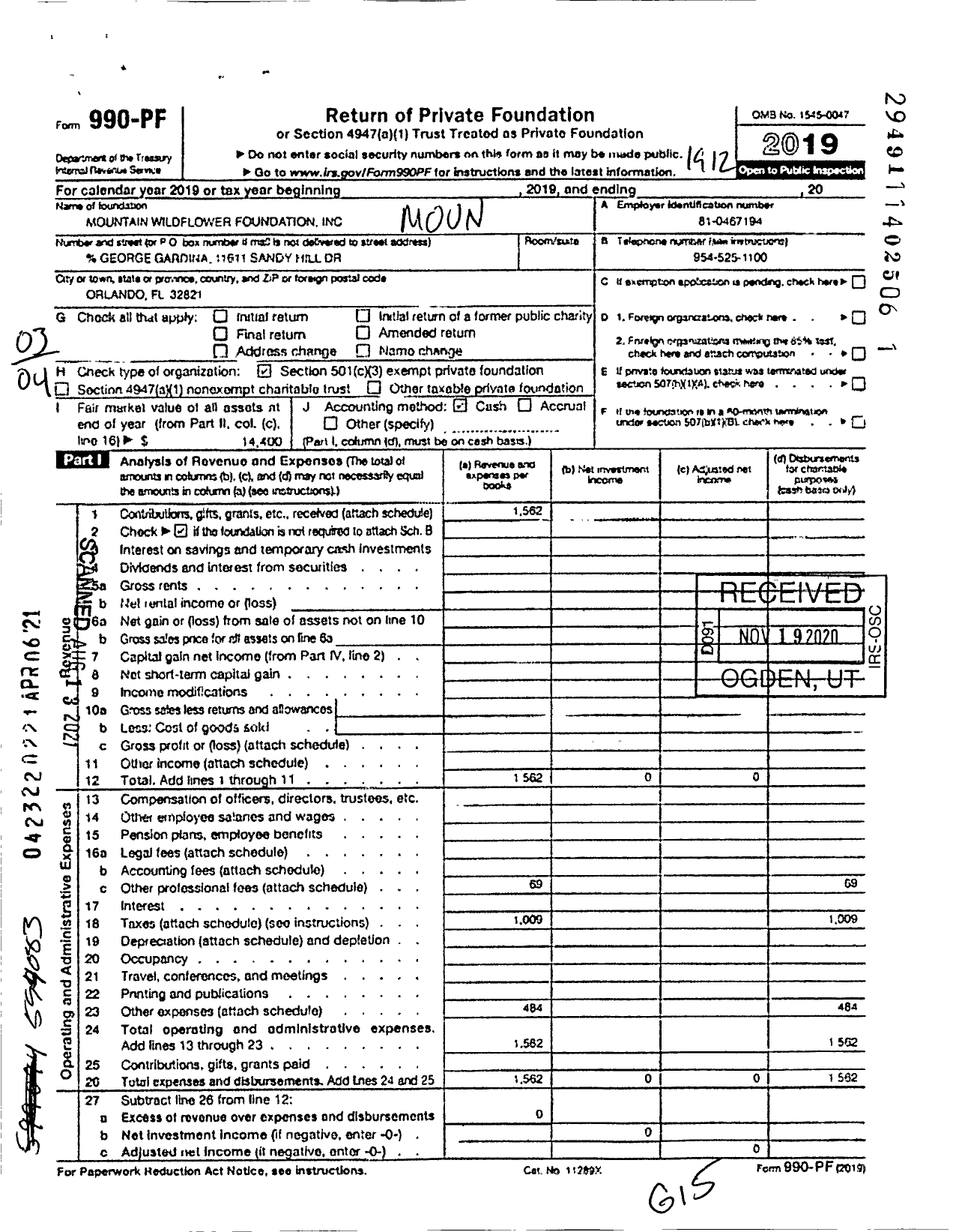 Image of first page of 2019 Form 990PF for Mountain Wildflower Foundation