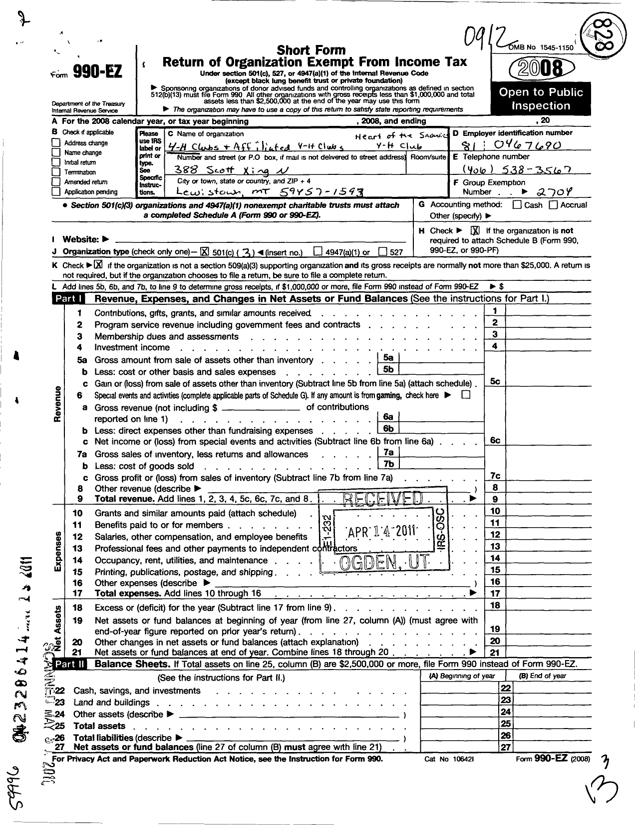 Image of first page of 2009 Form 990EZ for Montana 4-H Foundation / Heart of the Snowies 4-H Club