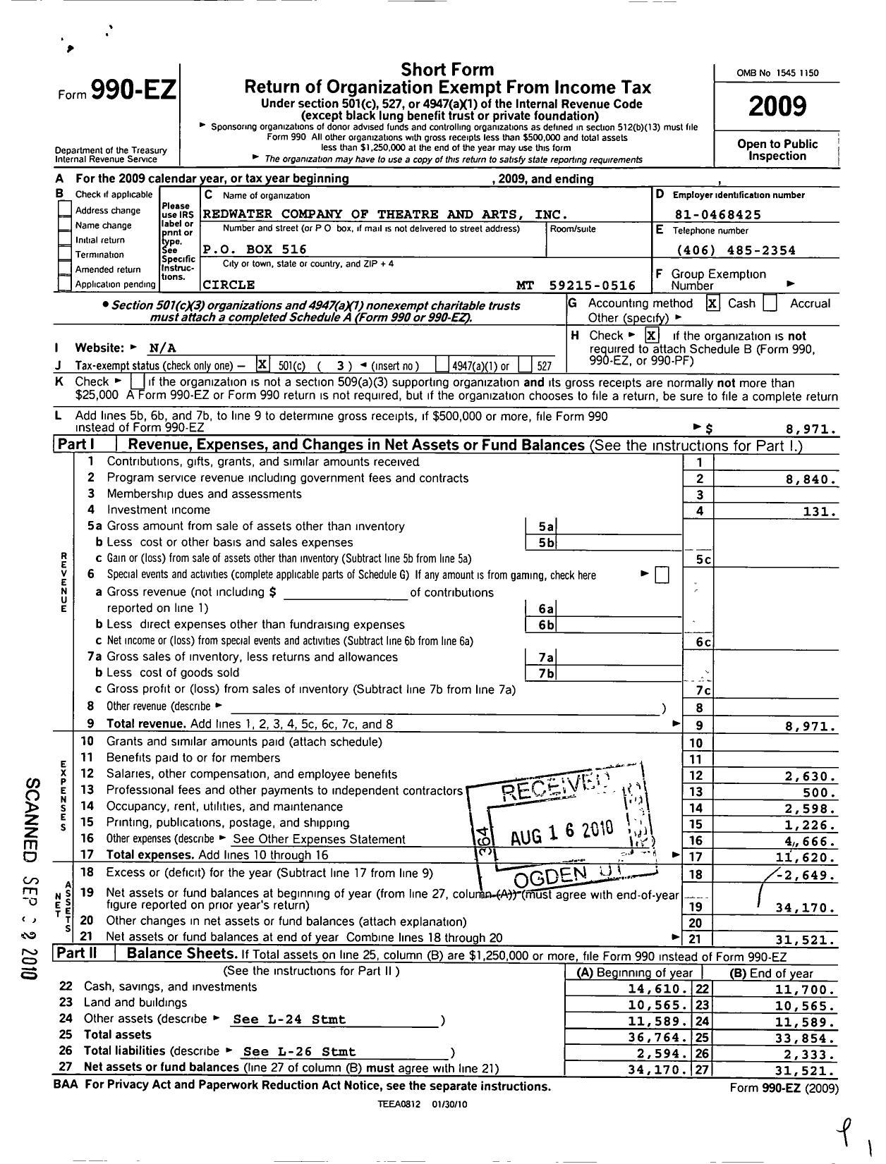 Image of first page of 2009 Form 990EZ for Redwater Company of Theatre and Arts