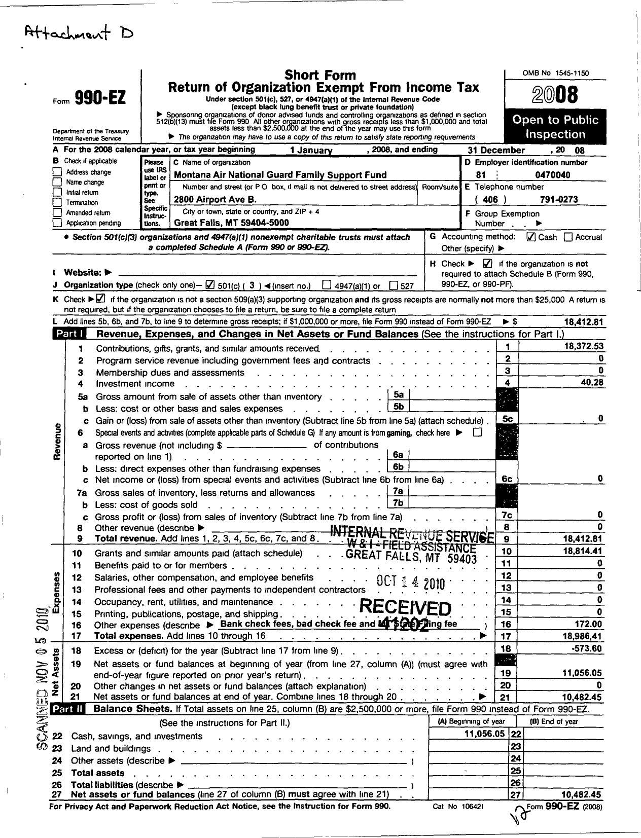 Image of first page of 2008 Form 990EZ for Montana Air National Guard Family Support Fund FSP