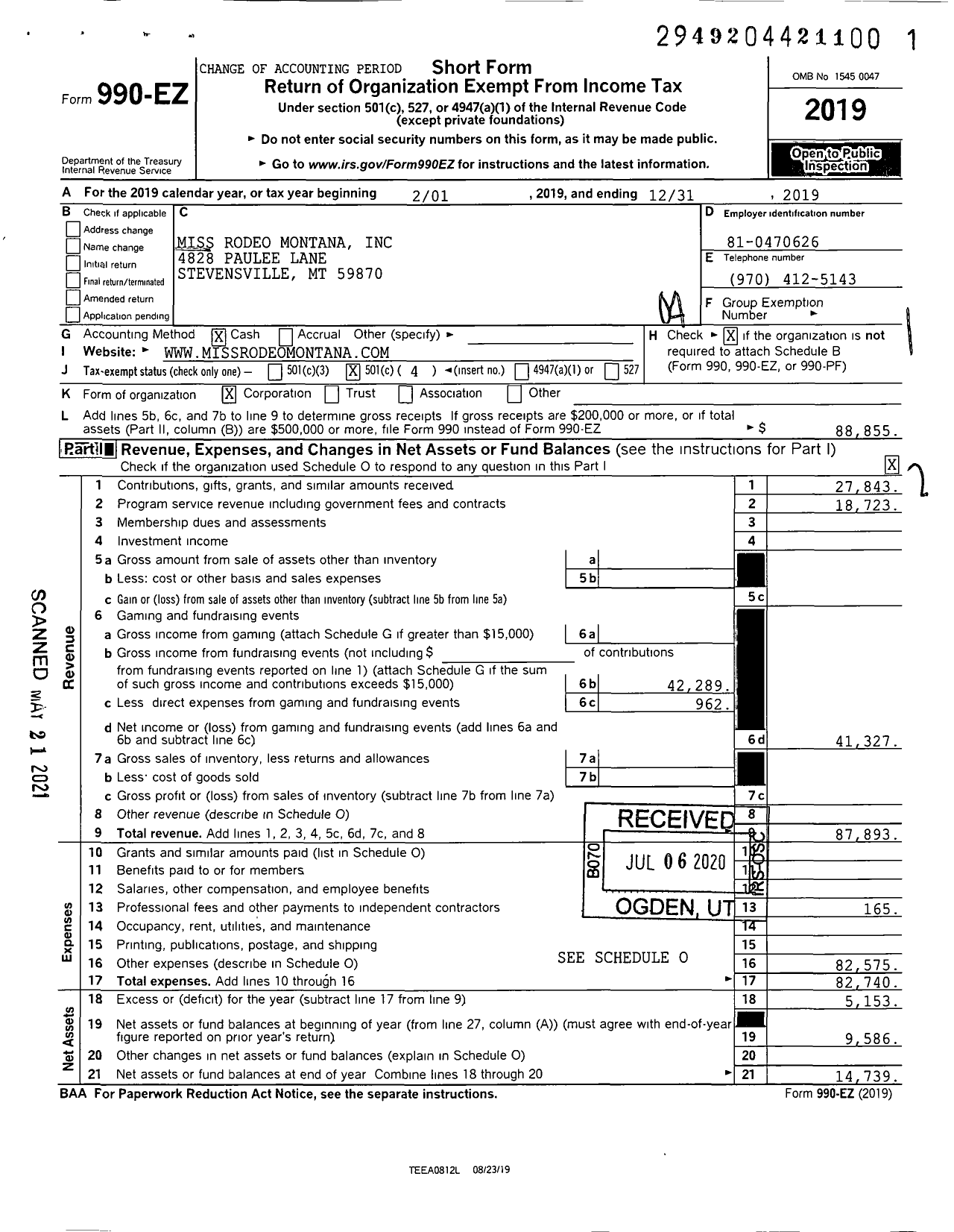 Image of first page of 2019 Form 990EO for Miss Rodeo Montana