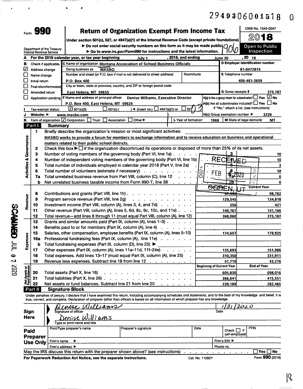Image of first page of 2018 Form 990 for Montana Association of School Business Officials