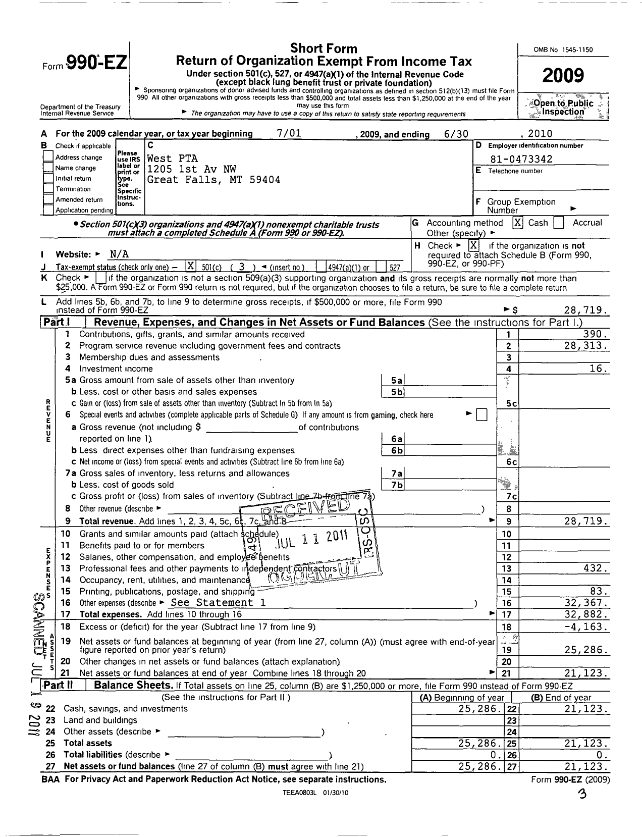 Image of first page of 2009 Form 990EZ for Montana Congress of Parents Teachers Students - 5551 West Elementary PTA