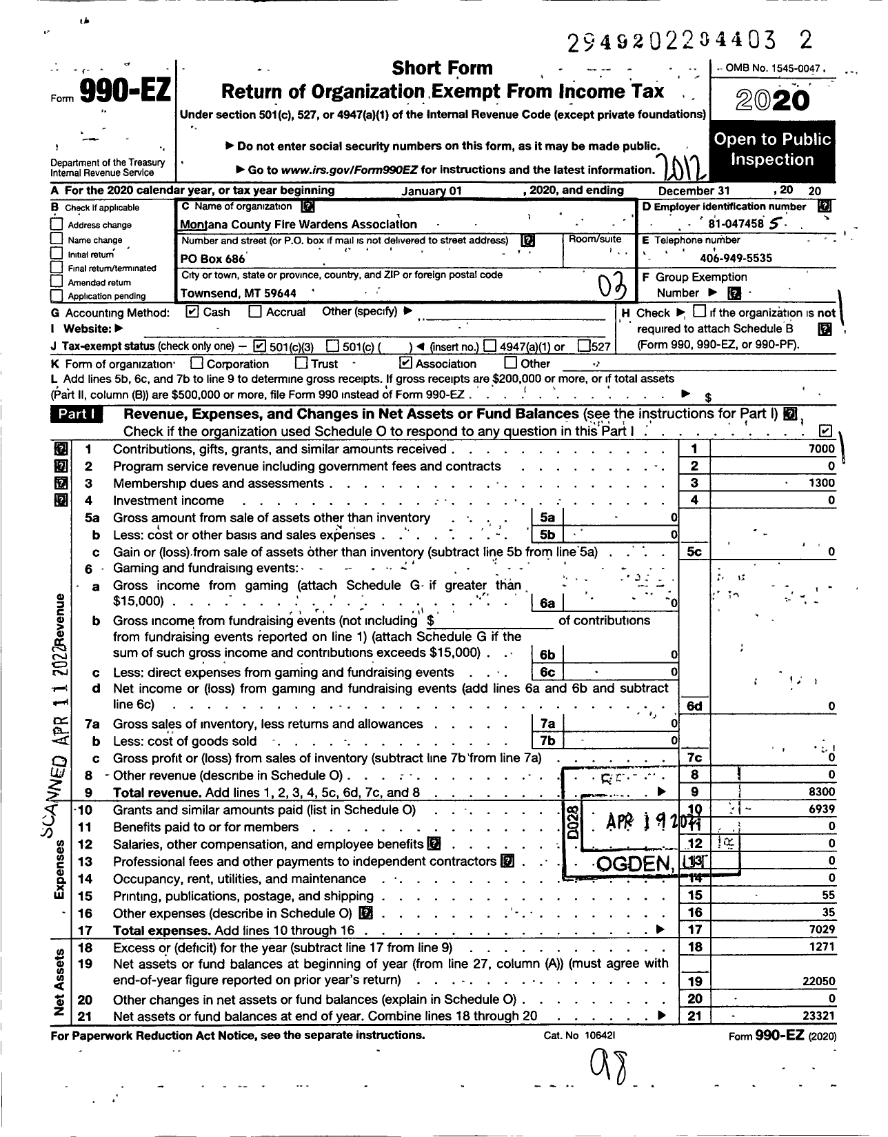 Image of first page of 2020 Form 990EZ for Montana County Fire Wardens Association