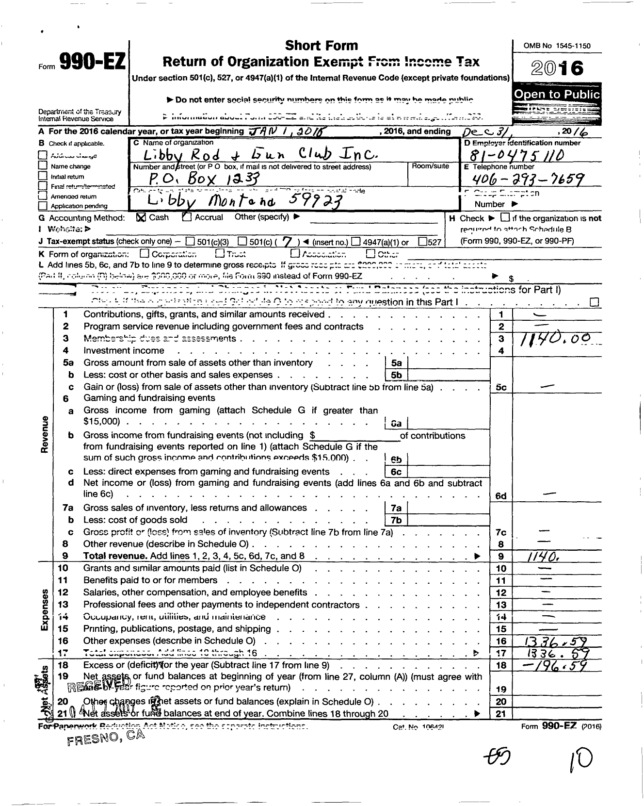 Image of first page of 2016 Form 990EO for Libby Rod and Gun Club