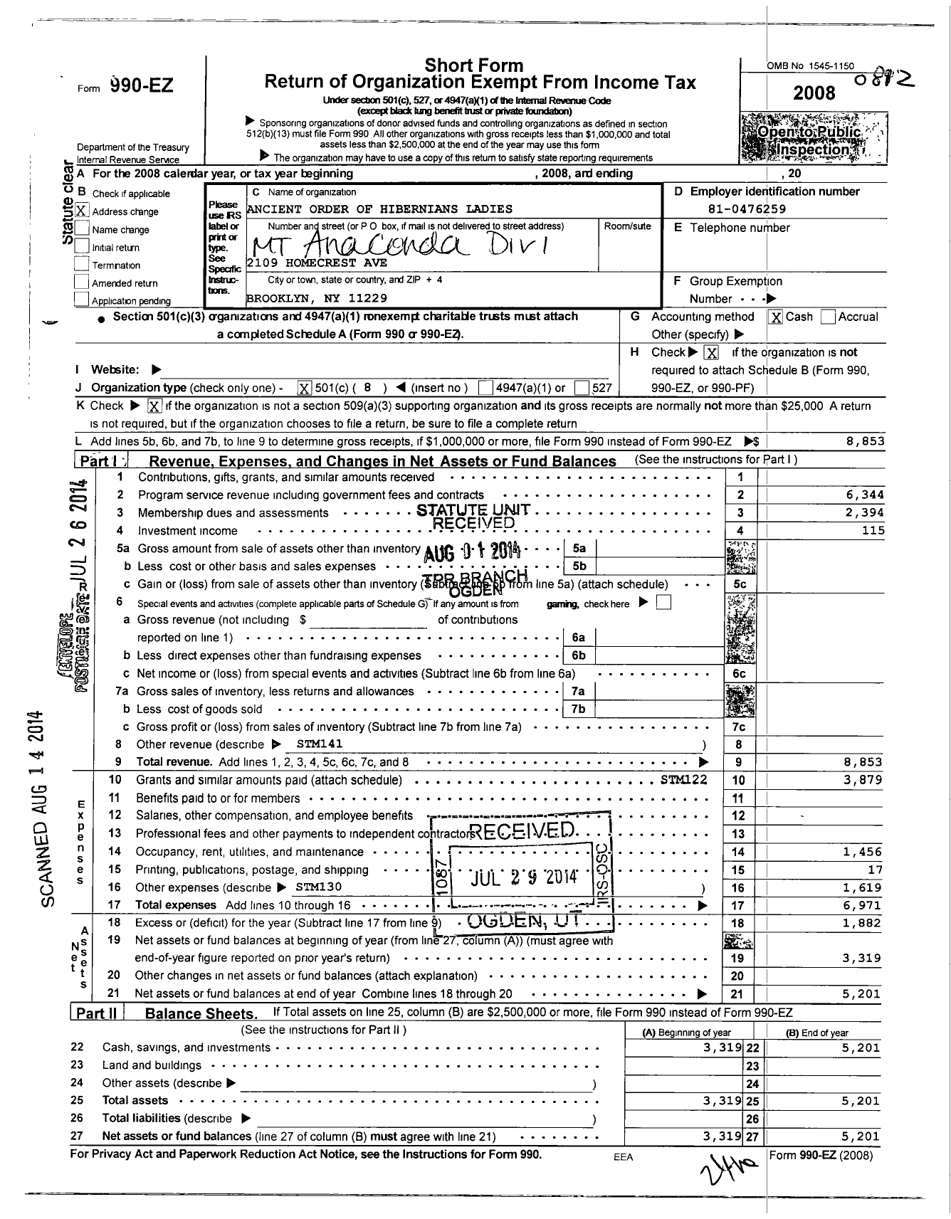 Image of first page of 2008 Form 990EO for Ancient Order of Hibernians Ladies / Div One Anaconda Co MT