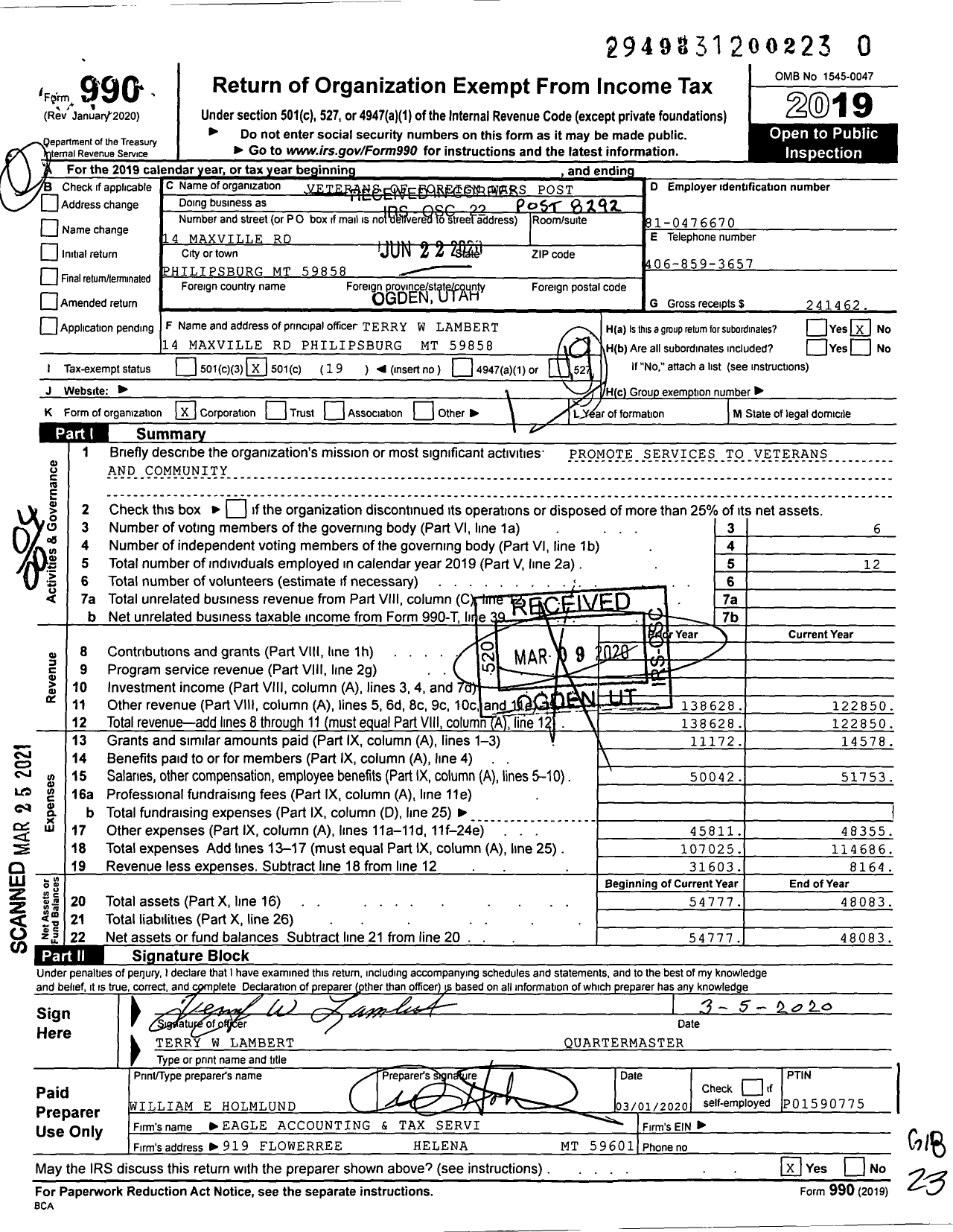 Image of first page of 2019 Form 990O for Department of Montana Veterans of Foreign Wars of the United States - 8292 VFW Maxville