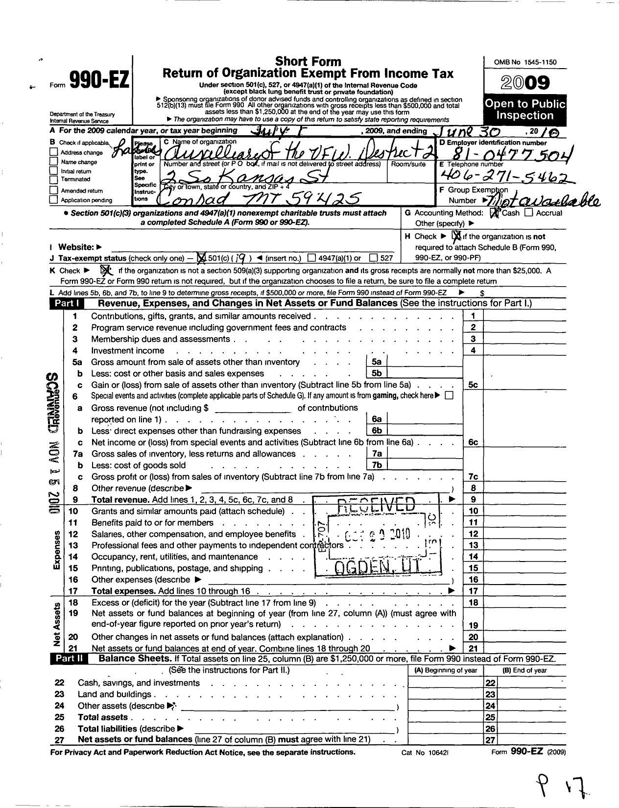 Image of first page of 2009 Form 990EO for Veterans of Foreign Wars of the United States Auxiliary Department - District 2 Auxuliary