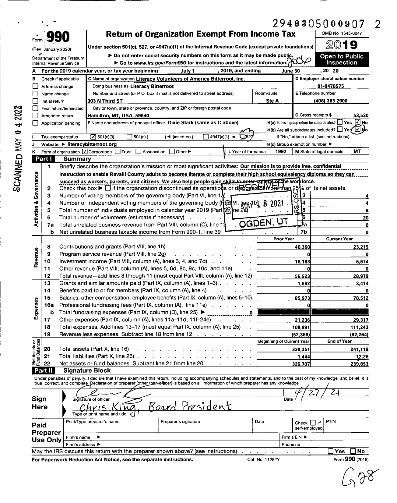 Image of first page of 2019 Form 990 for Literacy Volunteers of America Bitterroot Inc Literacy Bitterroot