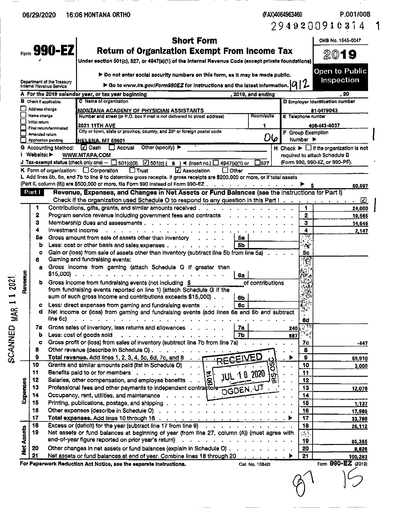 Image of first page of 2019 Form 990EO for Montana Academy of Physician Assistants