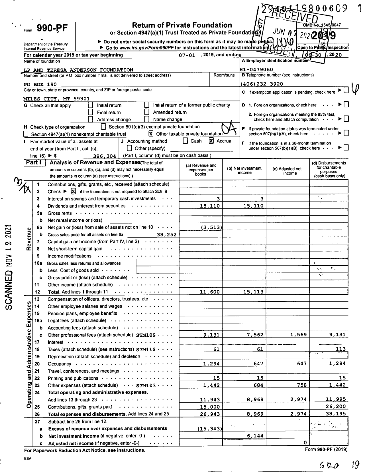 Image of first page of 2019 Form 990PF for LP and Teresa Anderson Foundation