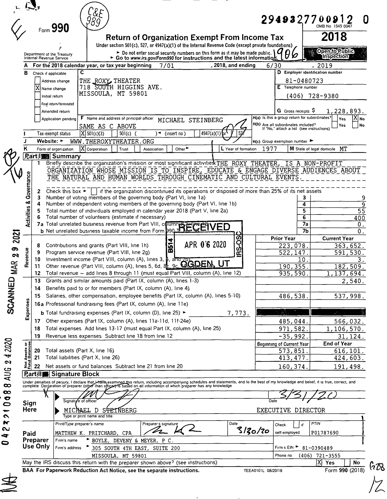 Image of first page of 2018 Form 990 for The Roxy Theater