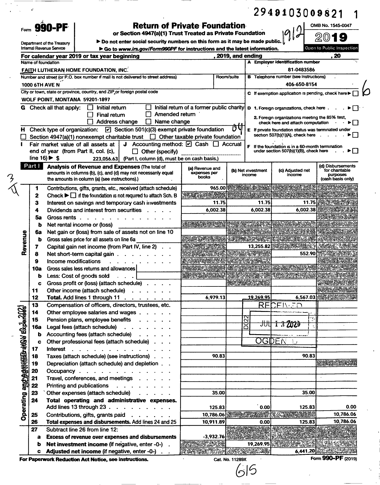 Image of first page of 2019 Form 990PF for Faith Lutheran Home Foundation