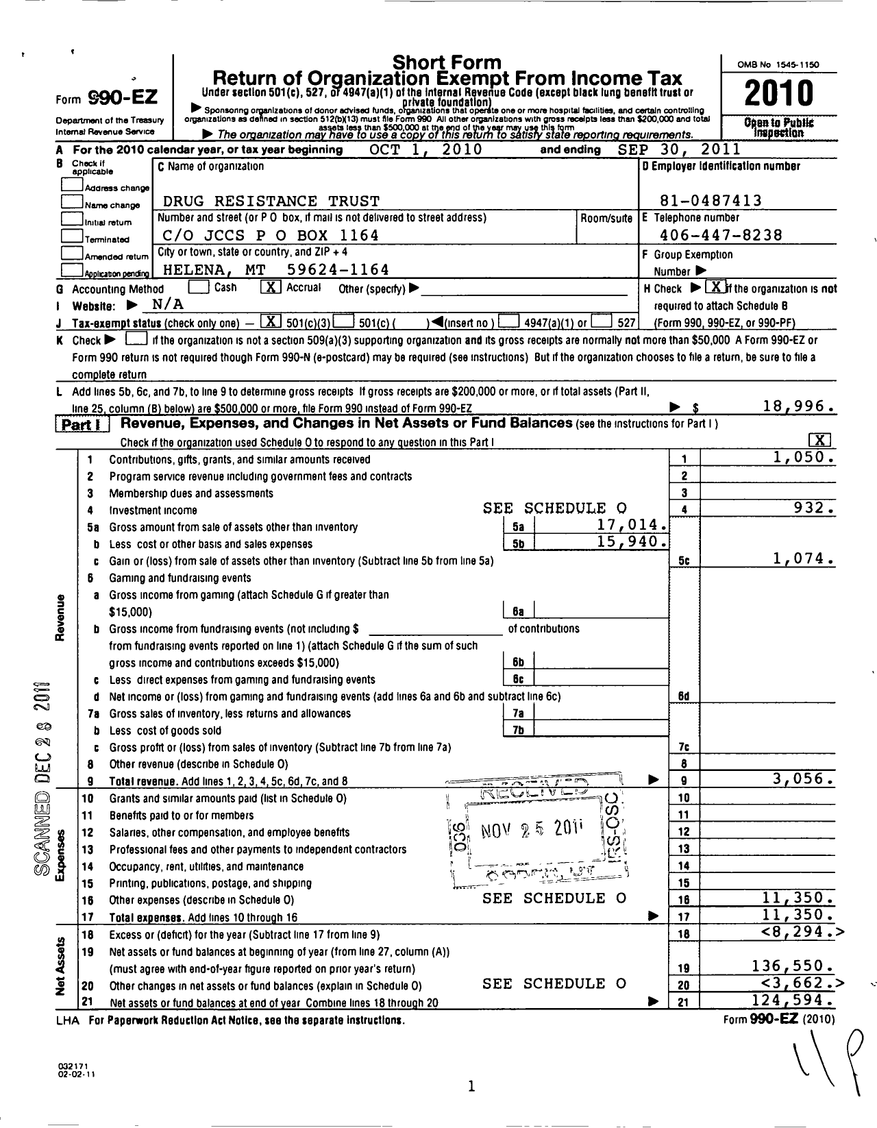 Image of first page of 2010 Form 990EZ for Drug Resistance Trust 3106972