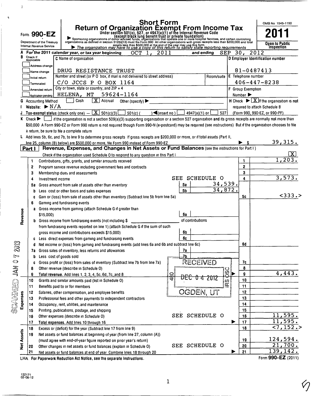 Image of first page of 2011 Form 990EZ for Drug Resistance Trust 3106972