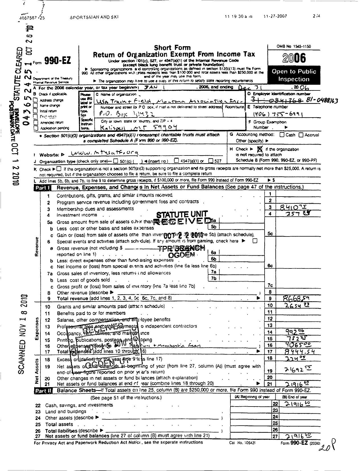 Image of first page of 2006 Form 990EO for USA Track and Field Montana Association