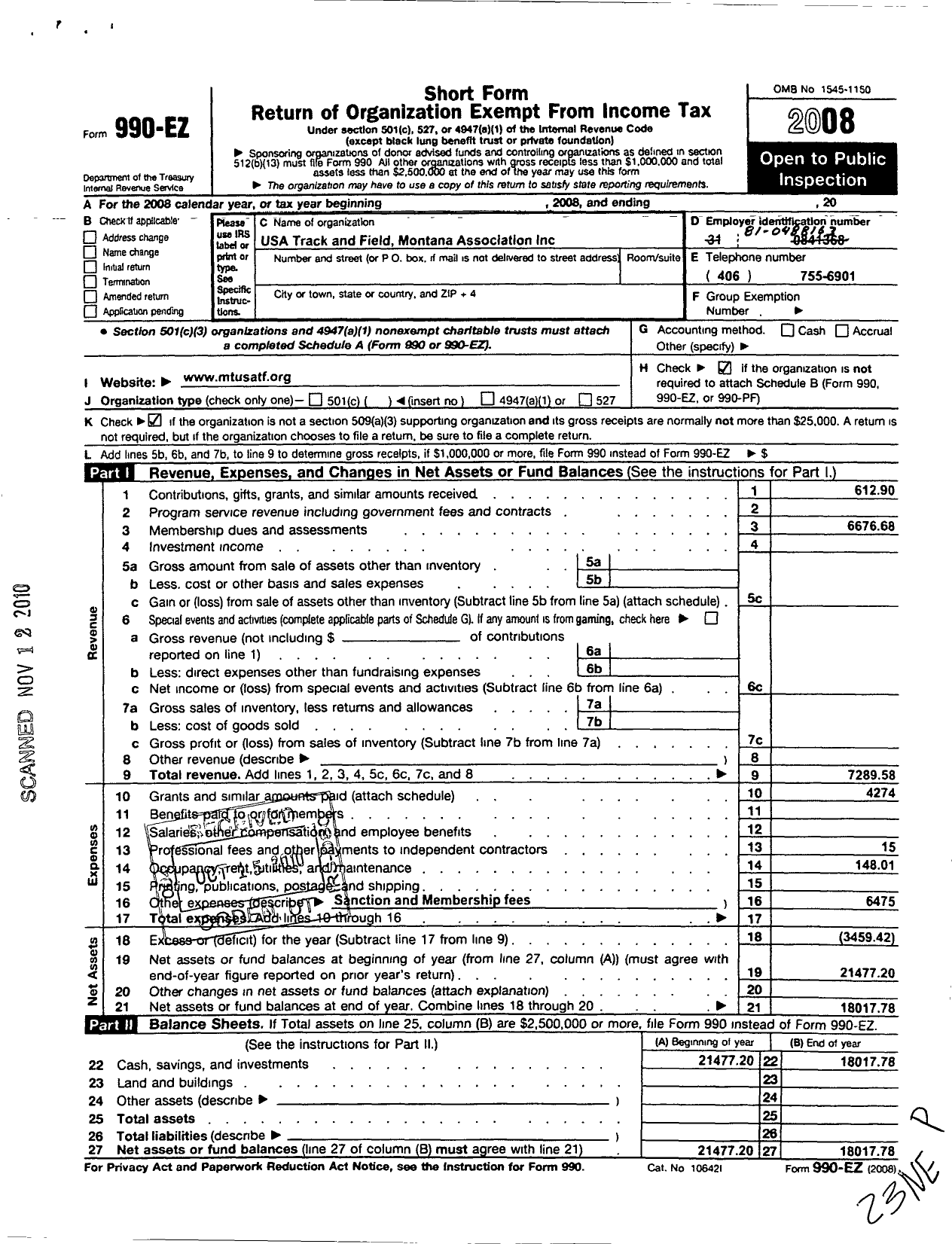 Image of first page of 2008 Form 990EO for USA Track and Field Montana Association