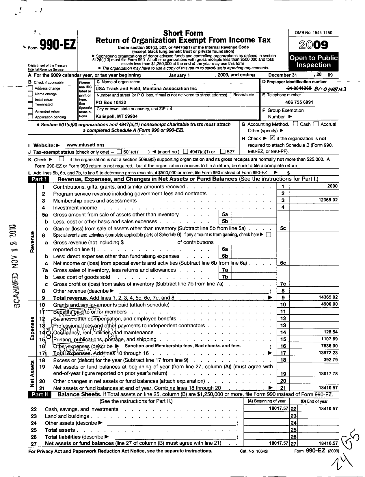 Image of first page of 2009 Form 990EO for USA Track and Field Montana Association