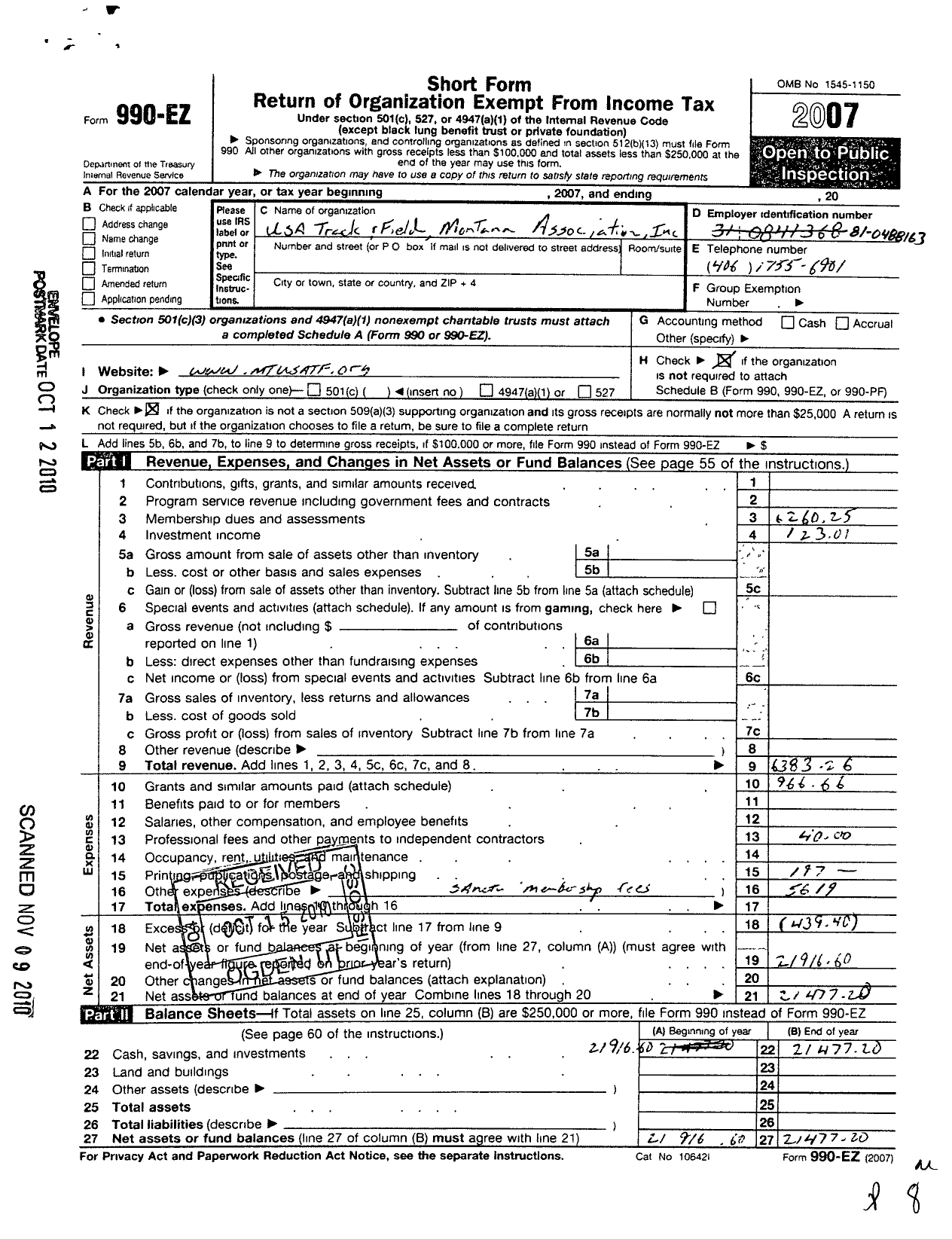 Image of first page of 2007 Form 990EO for USA Track and Field Montana Association