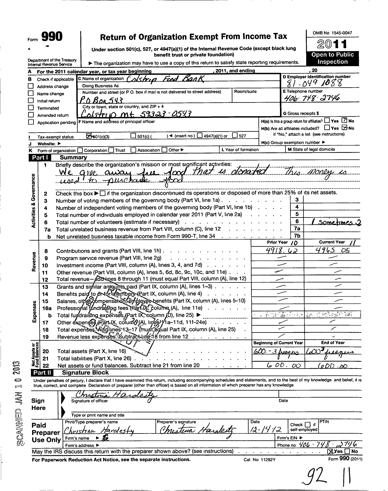 Image of first page of 2011 Form 990 for Colstrip Food Bank