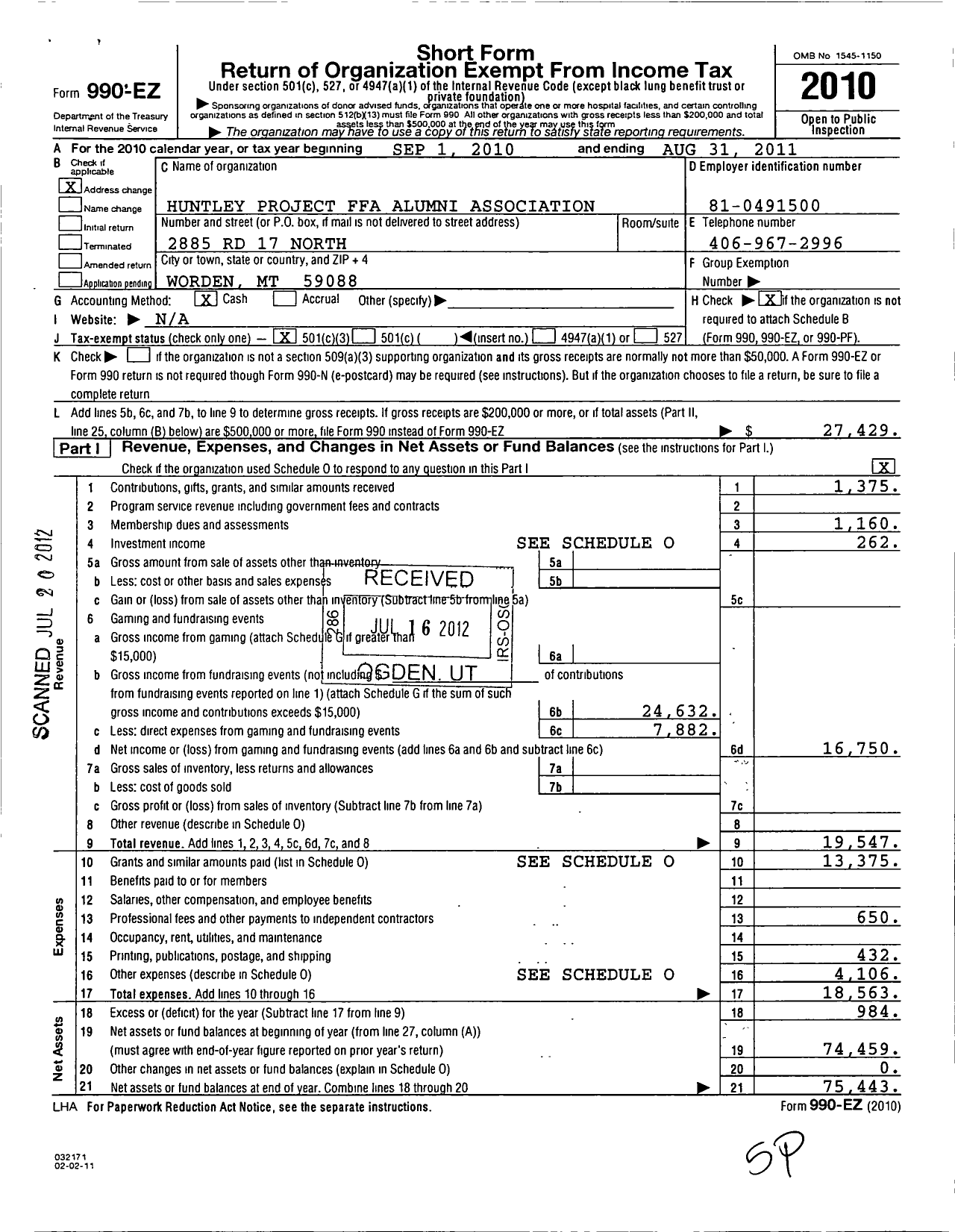 Image of first page of 2010 Form 990EZ for Future Farmers of America - 25044 Huntley Project Ffa Alumni