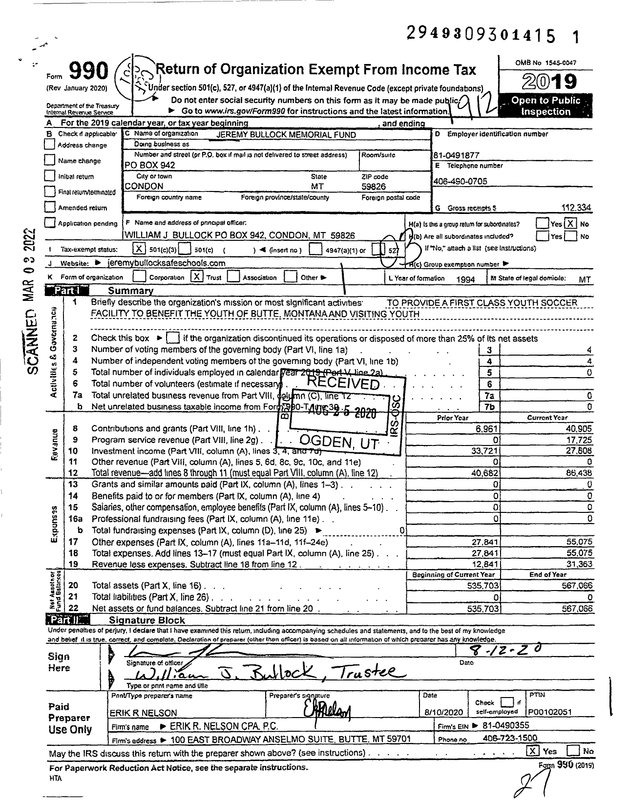 Image of first page of 2019 Form 990 for Jeremy Bullock Memorial Fund