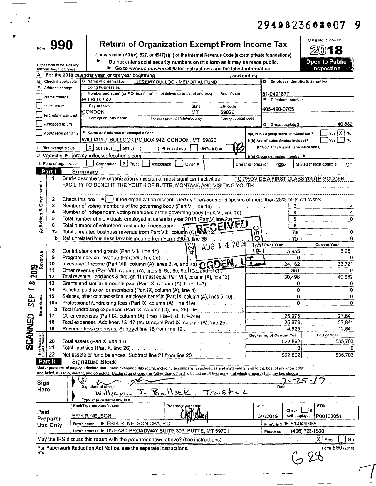 Image of first page of 2018 Form 990 for Jeremy Bullock Memorial Fund