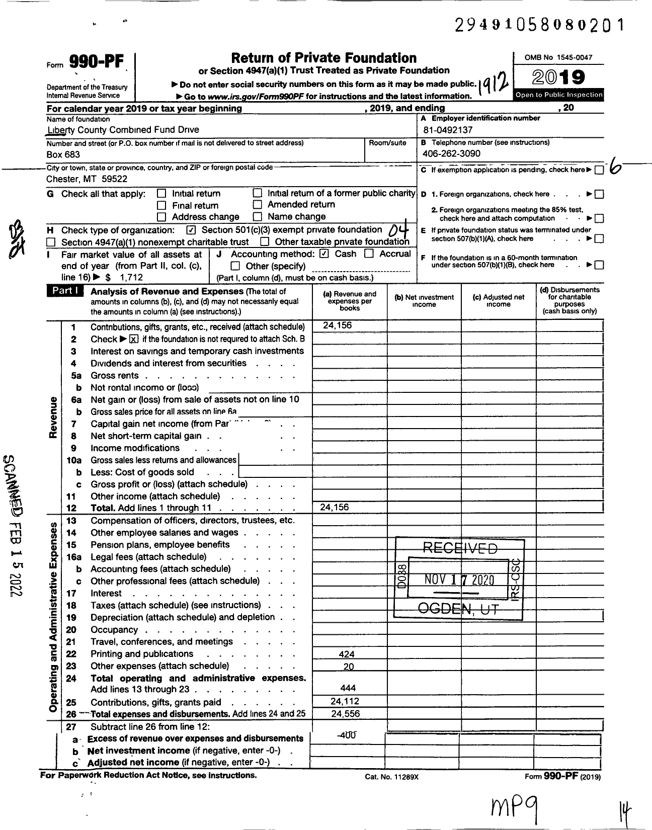 Image of first page of 2019 Form 990PF for Liberty County Combined Fund Drive