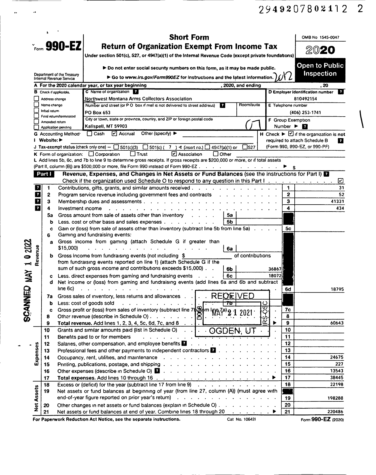 Image of first page of 2020 Form 990EO for Northwest Montana Arms Collectors Association