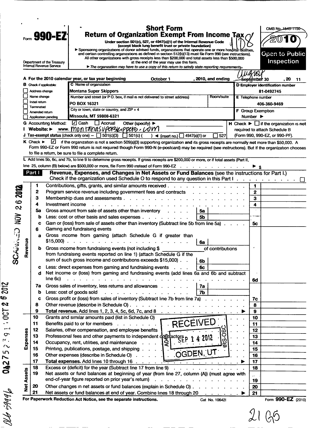 Image of first page of 2010 Form 990EO for Montana Super Skippers