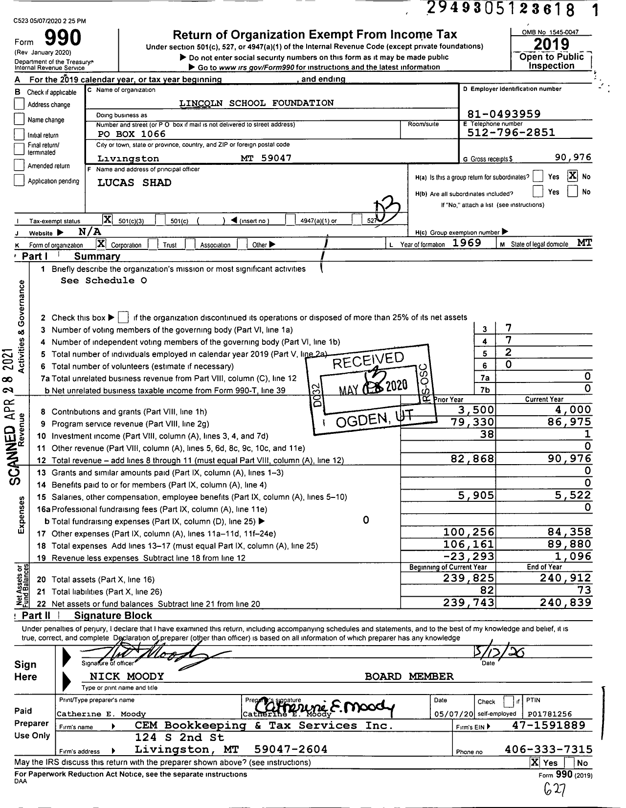 Image of first page of 2019 Form 990 for Lincoln School Foundation