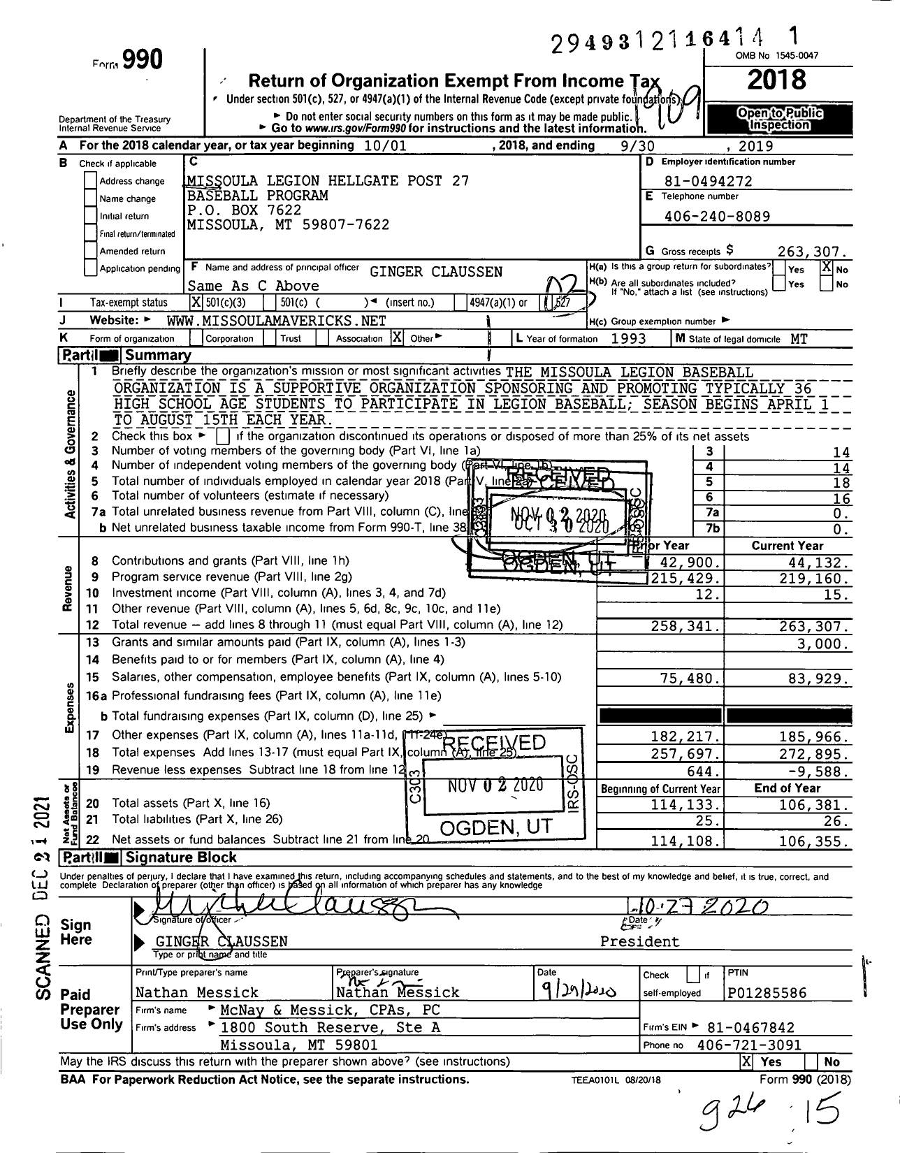 Image of first page of 2018 Form 990 for Missoula Legion Hellgate Post 27 Baseball Program