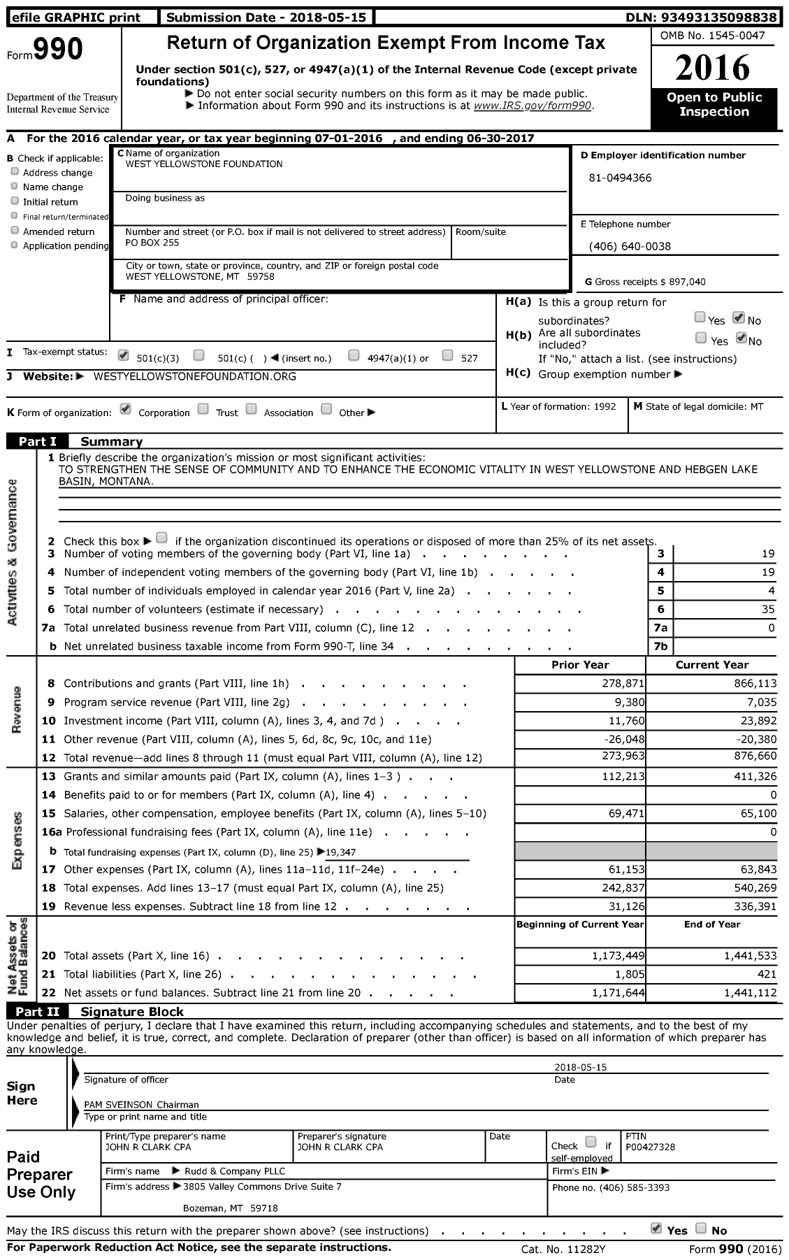 Image of first page of 2016 Form 990 for West Yellowstone Foundation