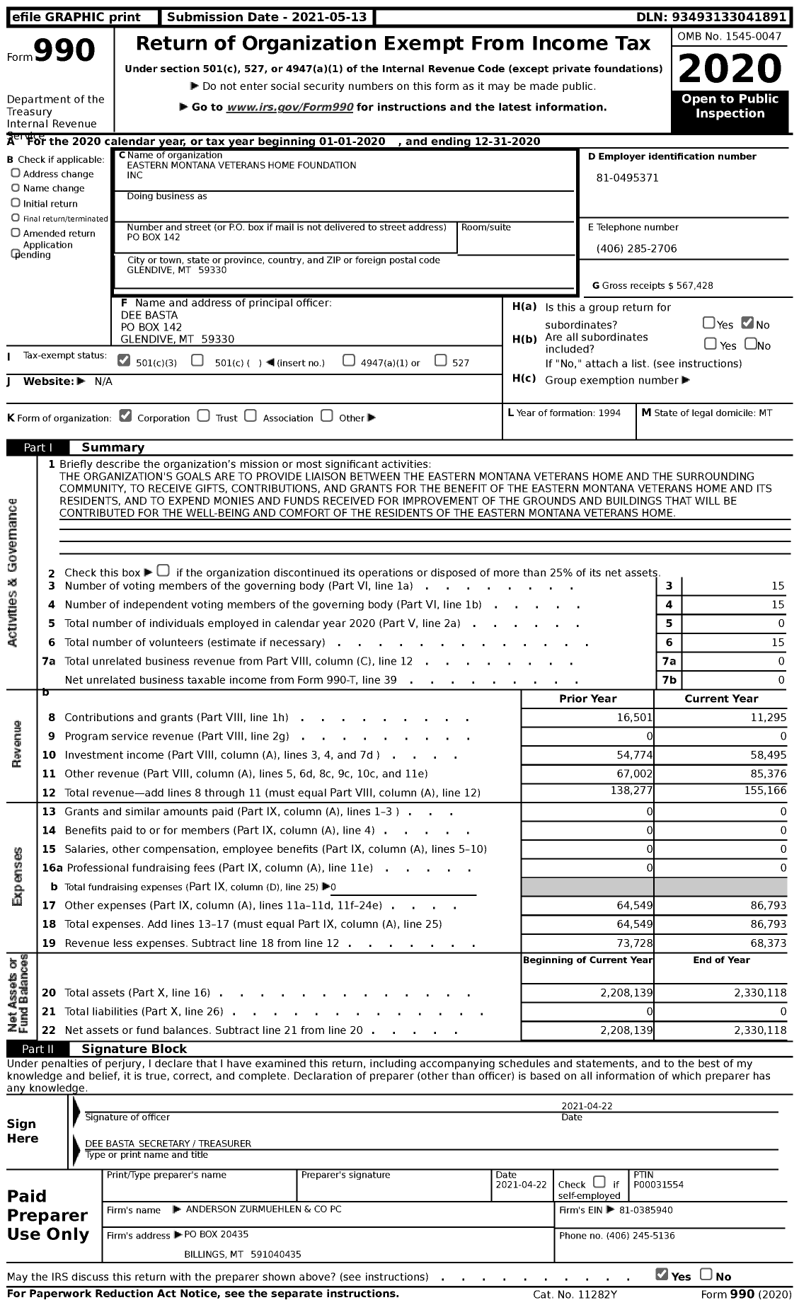 Image of first page of 2020 Form 990 for Eastern Montana Veterans Home Foundation