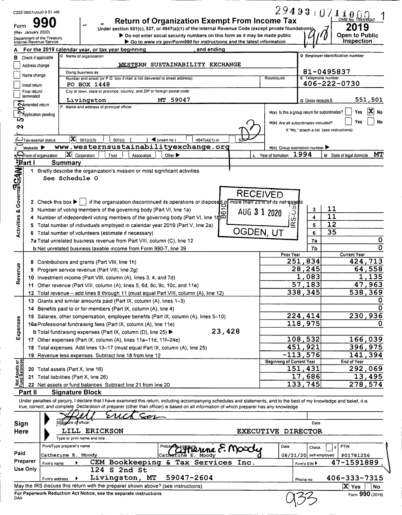 Image of first page of 2019 Form 990 for Western Sustainability Exchange