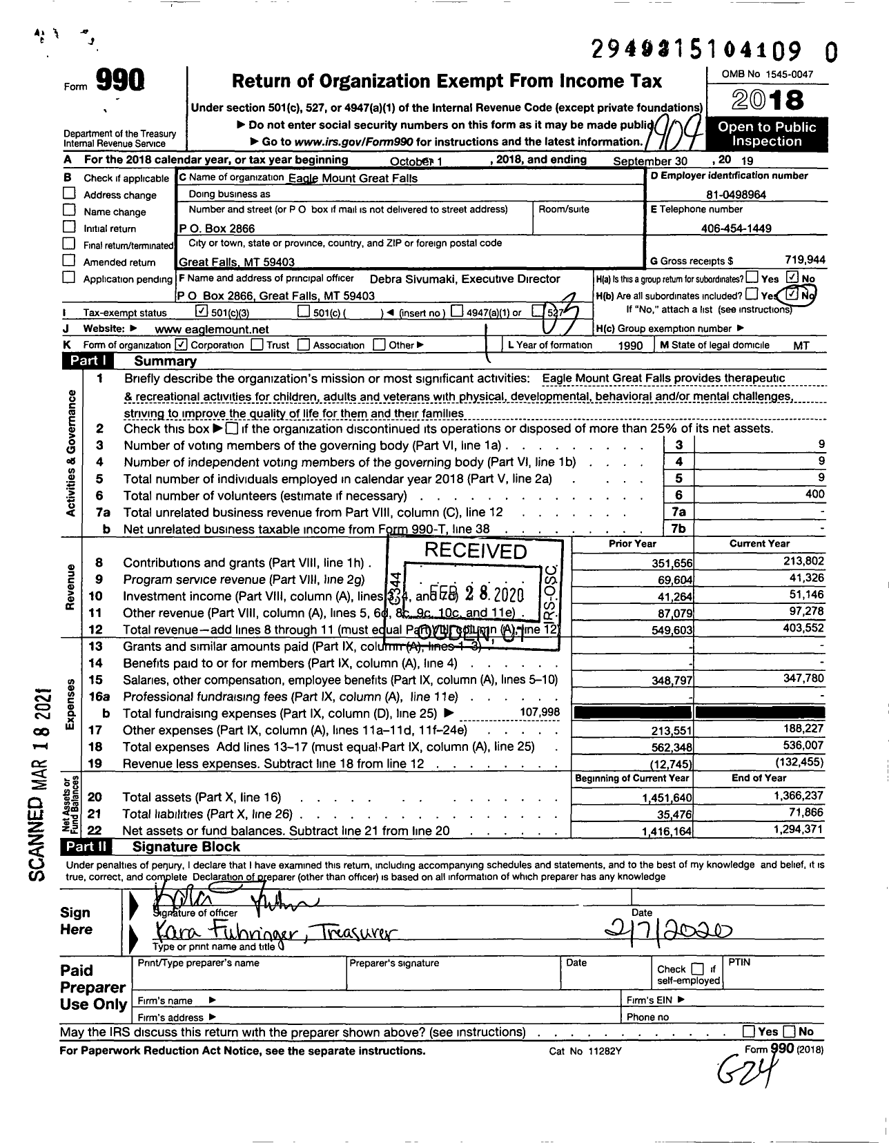 Image of first page of 2018 Form 990 for Eagle Mount Great Falls