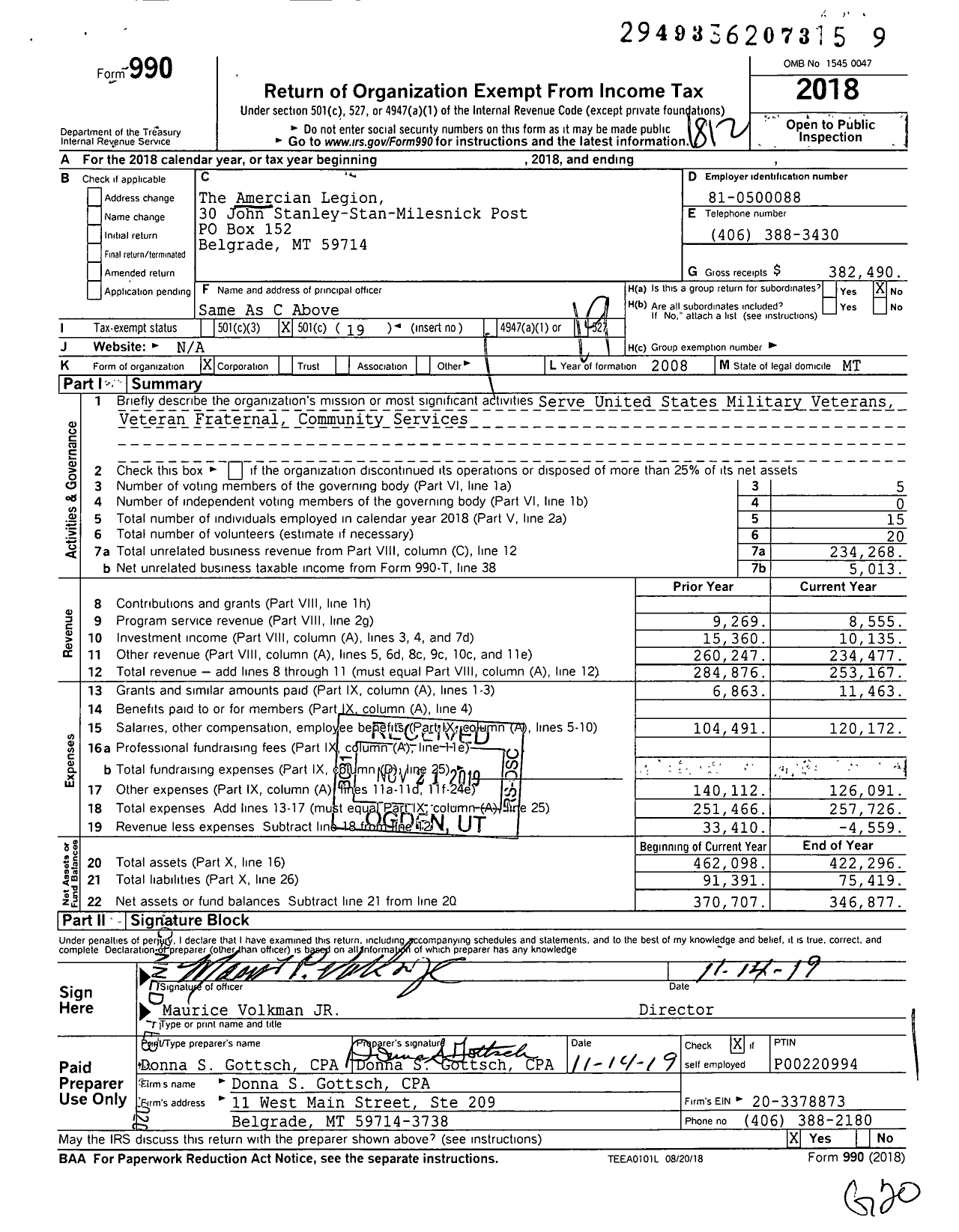 Image of first page of 2018 Form 990O for American Legion - 30 John Stanley-Stan-Milesnick Post