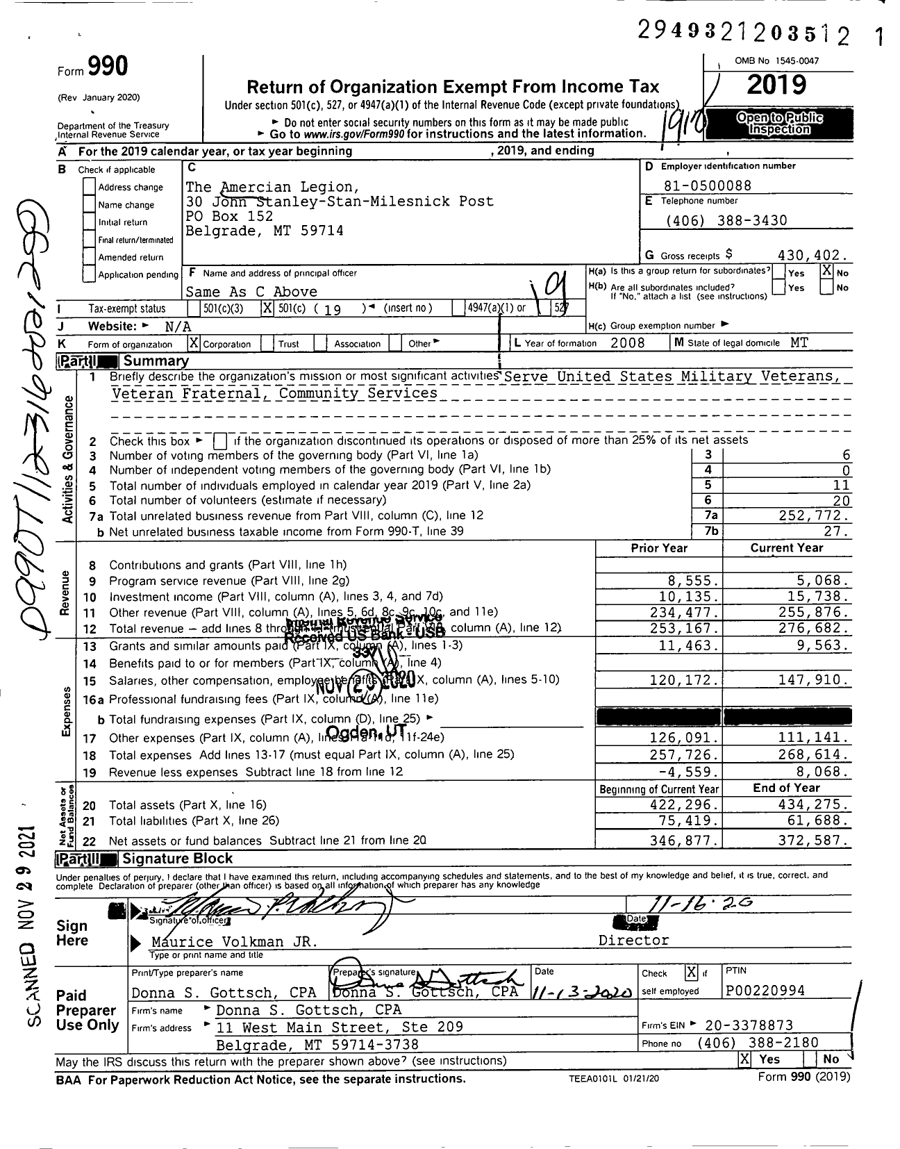 Image of first page of 2019 Form 990O for American Legion - 30 John Stanley-Stan-Milesnick Post