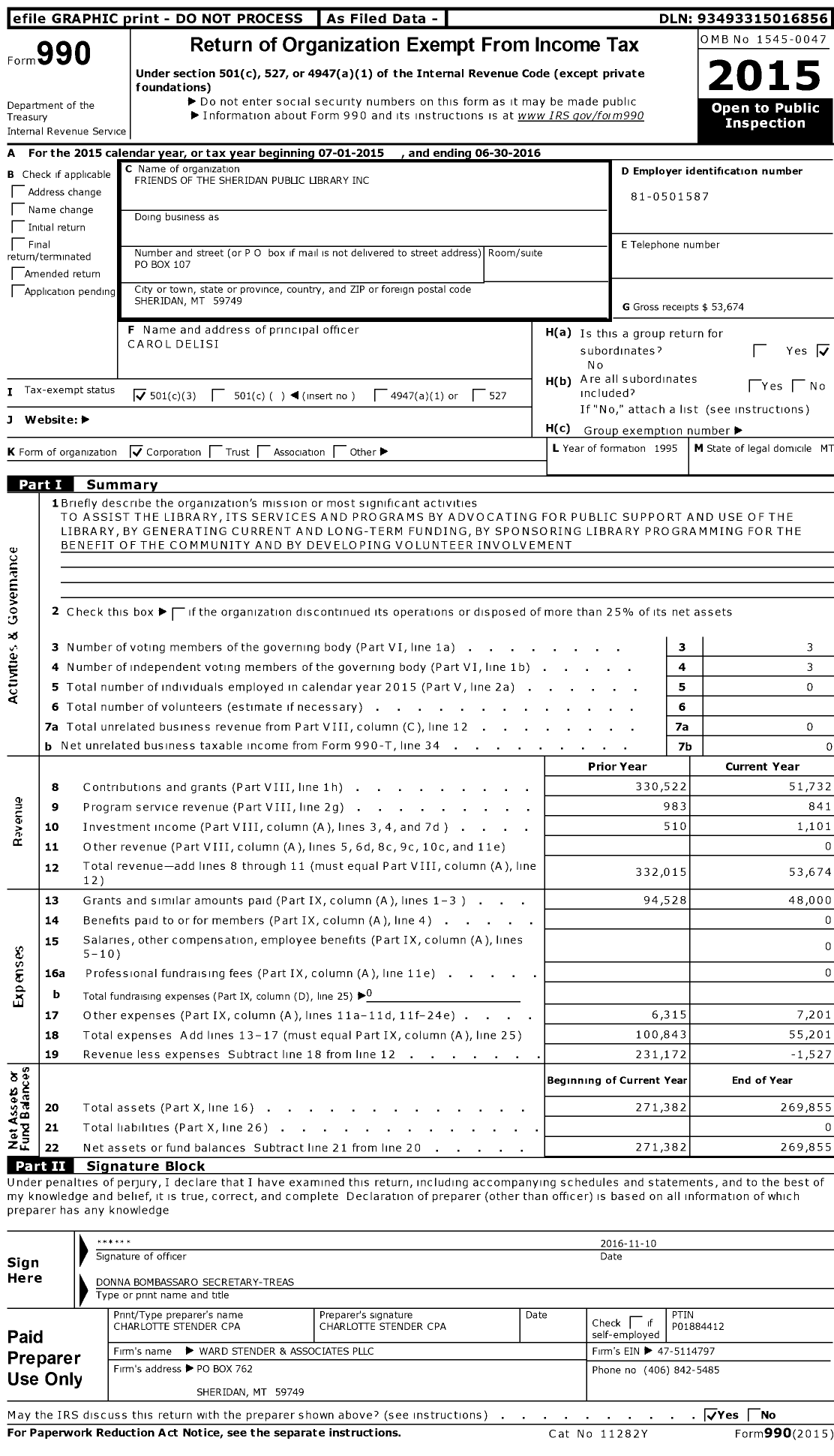 Image of first page of 2015 Form 990 for Friends of the Sheridan Public Library