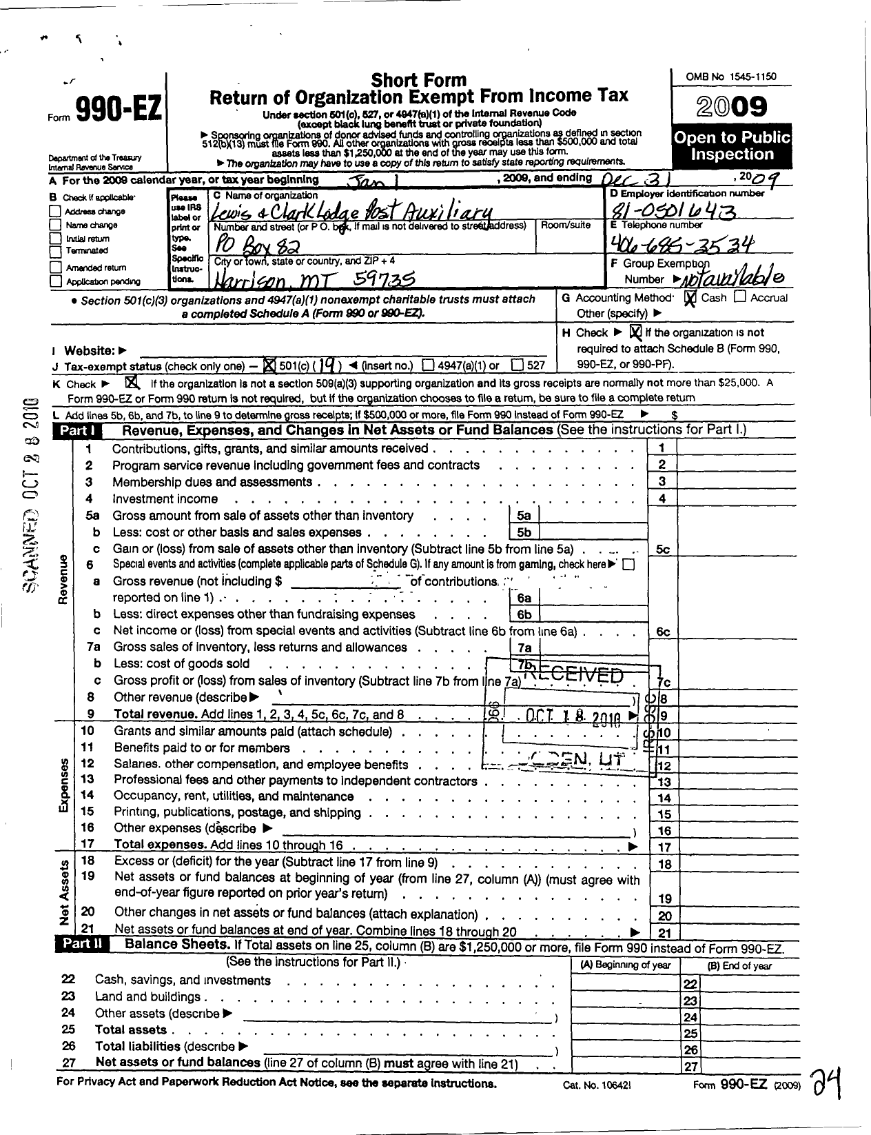 Image of first page of 2009 Form 990EO for Department of Montana Veterans of Foreign Wars of the United States - 3831 Lewis and Clark Post