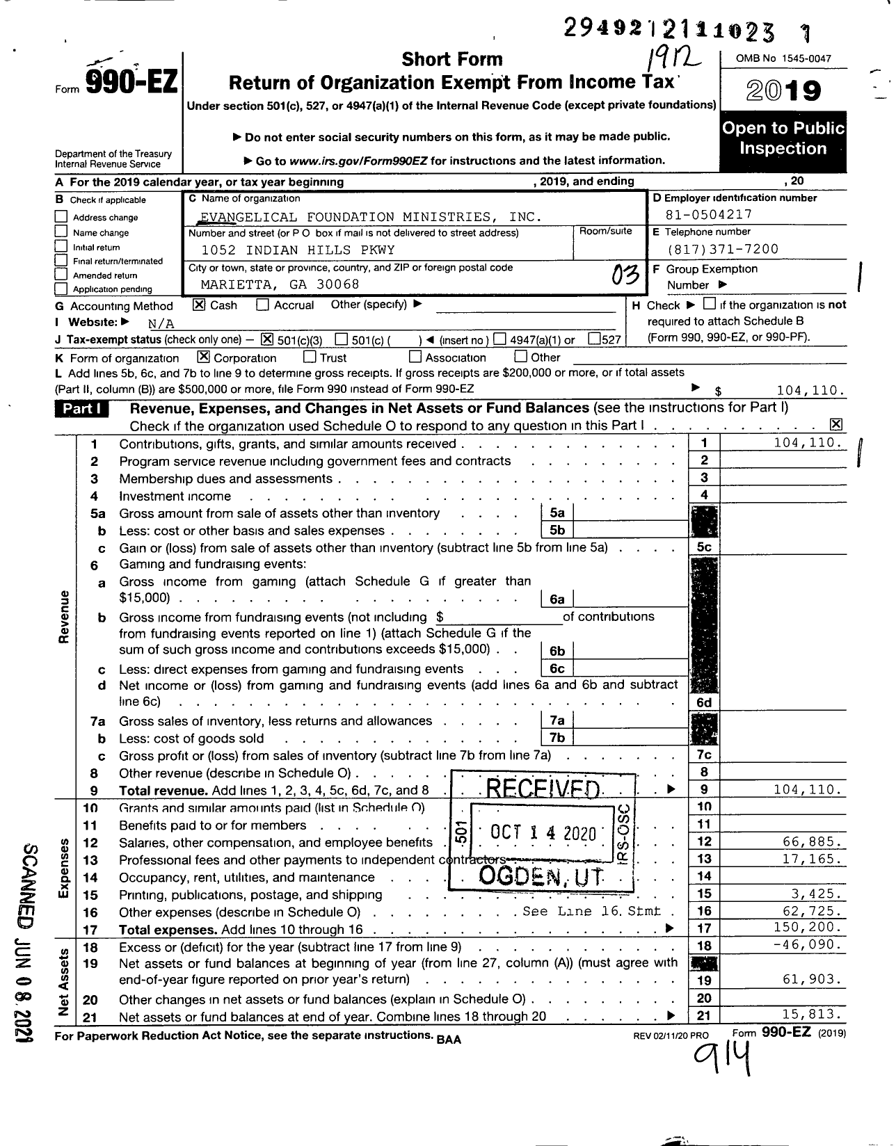 Image of first page of 2019 Form 990EZ for Evangelical Foundation Ministries