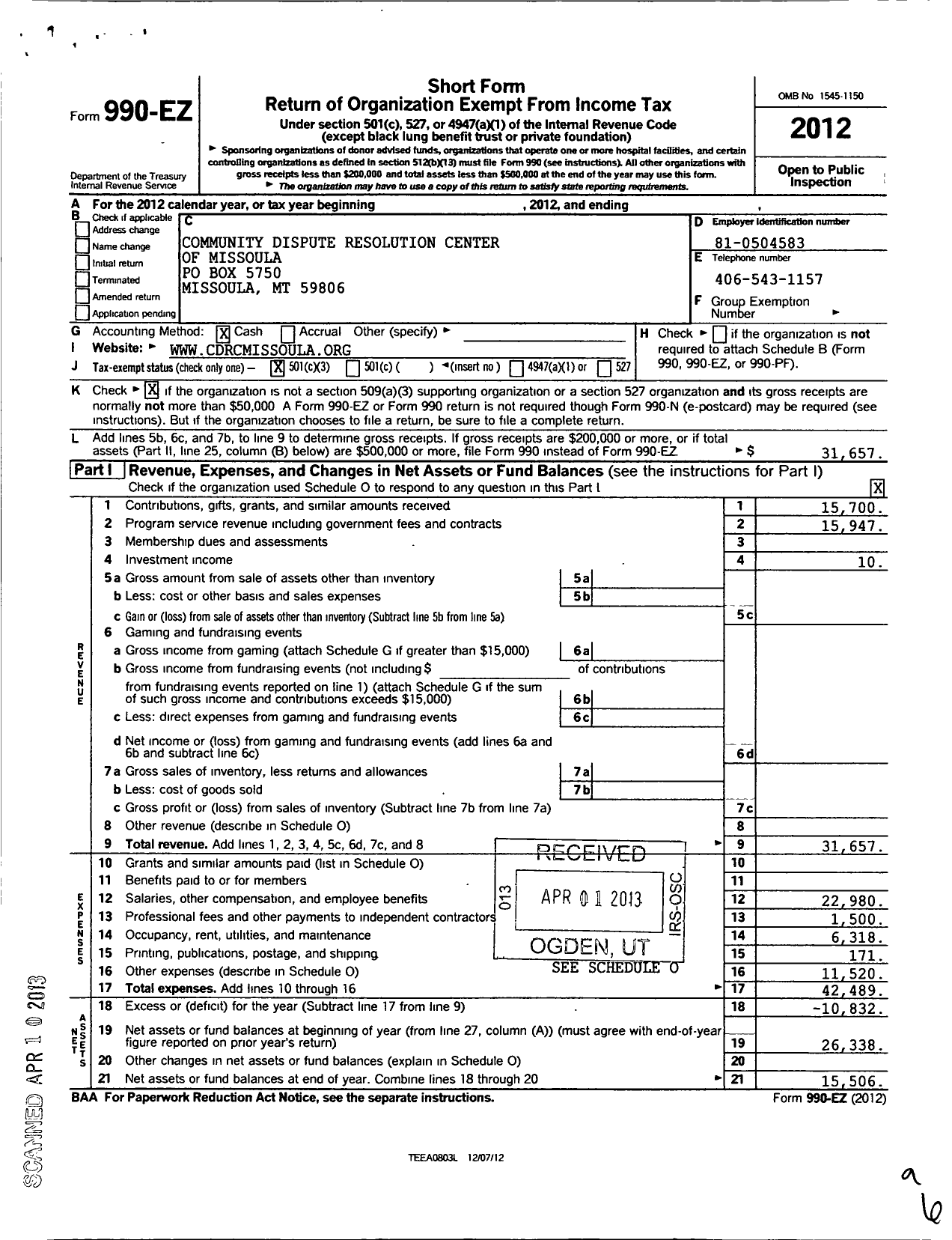 Image of first page of 2012 Form 990EZ for Community Dispute Resolution Center of Missoula